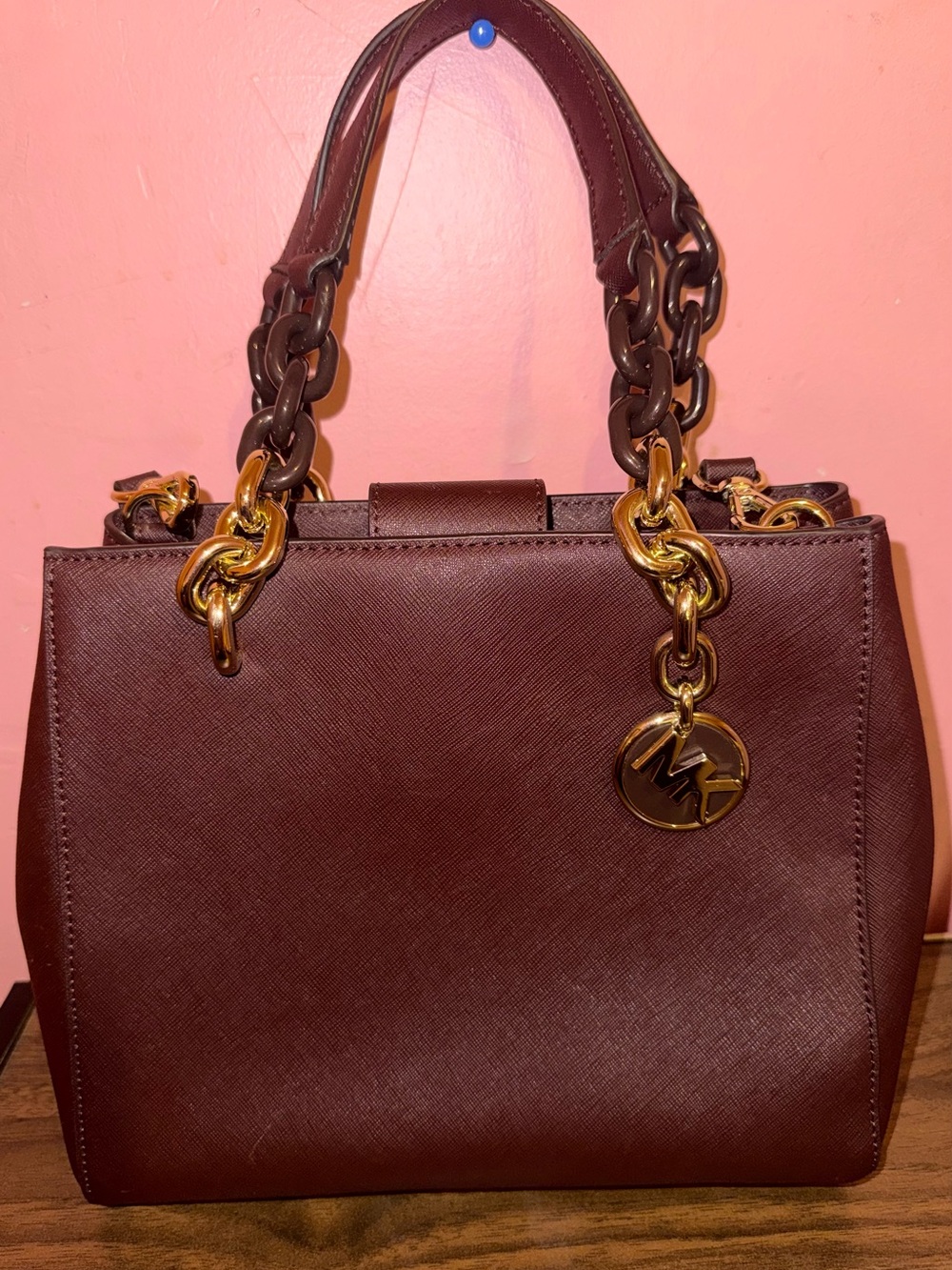 Michael Kors Maroon Saffiano Leather Satchel with Gold Hardware